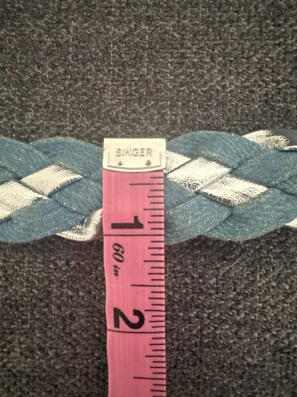 Braided Denim & Silver Metallic Belt With Metal Buckle - 36